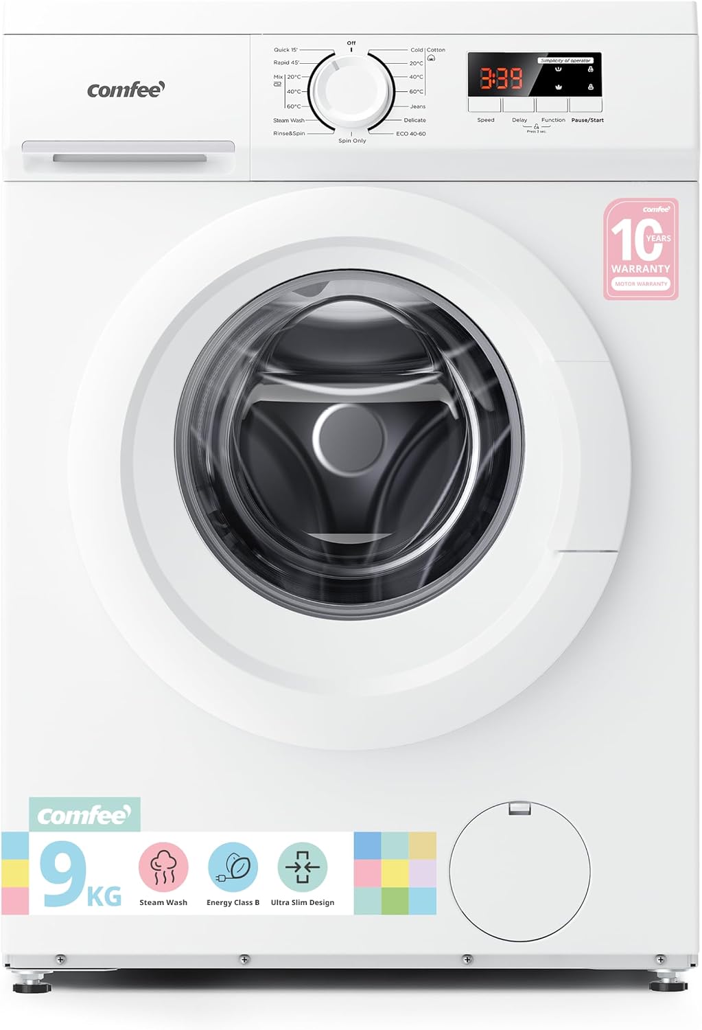 COMFEE' Freestanding Washing Machine,9KG Load,1400RPM,Steam Wash,Slim Design,Quick Wash,BLDC Durable Inverter Motor,White-CFE12EW90/W