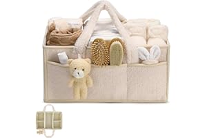 Wickeltasche Organizer, Wickeltisch Organizer, Tragbarer Wickelkorb mit Herausnehmbaren Fächern, Plüsch Wickelorganizer mit Griffen, Baby Aufbewahrungskorb für Wickel und Babysachen (Cremefarben)