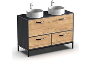 Muebles Pitarch | Mueble de Baño Doble 120cm ancho, Industrial Negro y Roble Gold, con estructura Patas, 2 Cajones y 1 Puerta, para Lavabos de sobreponer, modelo Sena