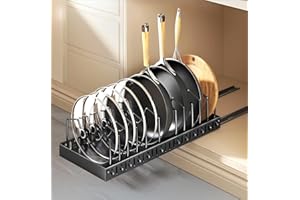 ZLPBAO Estante deslizante doble para Organizador Sartenes, Extensible Organizador Tapas Ollas con 12 Compartimentos Ajustable, Organizador Armario Cocina para Almacenar Tapas de Ollas, Platos, Negro