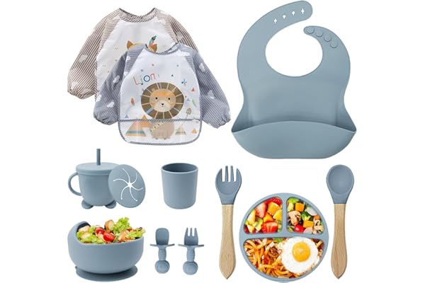 Cubiertos Bebe,Juego de 12 Piezas Platos Bebe con Ventosa, Baby Led Weaning,Cubiertos Infantiles,Juegos de Vajilla Bebe,Cuchara Bebe,Babero Silicona Bebe,Plato de Silicón Antideslizante Sin BPA