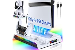 FASTSNAIL Standfuß für PS5 Pro/PS5 Slim, Lüfter Ständer für Playstation5 Pro/Slim Digital/Disc Edition, Schnellladen Controller Ladestation für PS5 mit 9 RGB-Modi (Nicht für PS5 2020)