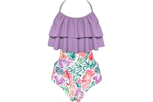 SHEKINI Traje de Baño de Una Pieza para Niñas Elegante Volantes Halter Ajustable Estampado Bikini de Baño Una Pieza Niña Ropa de Playa para 6-14 años