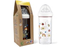 Le Biberon Français - Biberon Anti-Coliques Premium 6 Mois et Plus - Biberon 360ml à Col Large - Léger et Durable - Tétine à 3 Vitesses en Silicone Pur - BPA, BPS, BPF Free