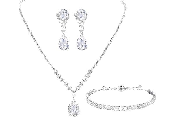 KALVICA Smyckeset Kvinnor 3-delat Set Strass Smycken Set Dropphalsband och Örhängen Med Armband För Brud Bröllop Födelsedag P