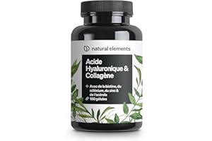 NATURAL ELEMENTS Collagene et Acide Hyaluronique – 180 gélules – Enrichi en Vitamine C, Biotine, Zinc & Sélénium – 1000mg de Collagène – Testé en Laboratoire, Hautement Dosé & Sans Additifs
