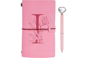 TOOZEN Regalo Diario in Pelle Iniziale, Diario di Viaggio Rosa, Taccuino in Pelle Rifillabile con Penna Diamante Cuore, Idee Regalo Compleanno, Ringraziamento, Natale per Donne Ragazze Amica Scrittori I