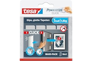 tesa Powerstrips CLICK - Klett-Klebepads zum An- und Abklicken von Bilderrahmen und Wanddekorationen ohne Bohren - selbstklebende Klettband-Strips mit ON und OFF Click-System - Small - 16 x 2 Stück