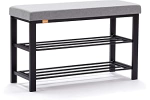 ‎HNNHOME HNNHOME® Canopus Schuhbank, Schuhregal mit 3 Tier, Organizer mit gepolstertem Sitzkissen, Stahlrahmen, für Eingang, Flur, Wohnzimmer, industrielle Akzentmöbel, 81 × 32 × 50 cm (hellgrau, Leinen)