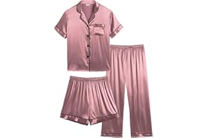 SWOMOG Kid's Silk Pyjamas 3 Piece Girls Boys Satin Pyjamas Set Button-Down PJs Sets Soft Lounge Sets Short Sleeve Sleepwear