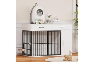 Hello-5ive Dog Crate Furniture,Large Wooden Dog Crate with Drawers, Side Cabinet & 360°Rotating Bowls,Indoor Heavy Duty Dog Kennel with Double Doors,End Table Style, 120x60x86cm - White