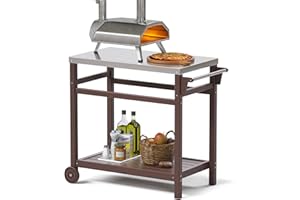 TORVA Kücheninselwagen, beweglicher Esswagen-Tisch mit Edelstahl-Metallplatte, Küche, Lebensmittelzubereitung, für drinnen und draußen (braun)