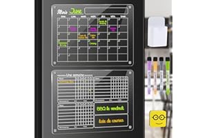 BASVII Calendrier Magnetique Frigo Transparent, 2 Pack Planning Mensuel Familial Acrylique, 40x30cm Planificateur de Repas Hebdomadaire avec 4 Marqueurs 1 Gomme 1 Porte-Stylo (Version Française)