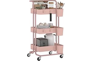 HOMCOM Carrito Auxiliar con Ruedas de 3 Niveles Carrito de Cocina con Mango 3 Cestas de Malla y 3 Cajas Colgantes Carro de Almacenamiento para Baño Salón 42x38x86,5 cm Rosa