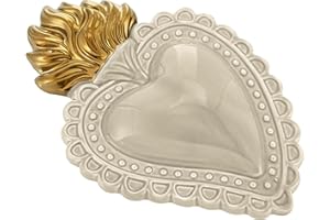 Baroni Home Cuore Sacro Ex-Voto in Ceramica Dipinta a Mano con Fiammella, Arte Sacra Tradizionale, Decorazione da Parete per la Casa, Panna, 16x11 cm