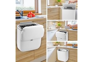 MICHIHOMIE Food Waste Bin with Lid, 10L Foldable Hanging Kitchen Bin, Rubbish Compost Caddy Wall Mounted for Under Sink, Cupboard Door, Cabinet, Motorhome