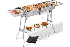 TLGREEN Charcoal Grill (122 x 30 x 75 cm), Portable Charcoal Grill, Folding Grill, Stainless Steel, BBQ Charcoal Grill with Non-Stick Pan, Adjustable Ventilation Openings, Camping Grill for Garden, Backyard,