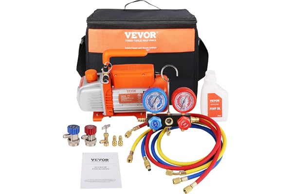 VEVOR Pompe à Vide Climatisation 100 L/min Pompe à Vide Frigoriste HVAC 150 W avec Kit Jauges et Tuyau Caoutchouc Tricolore 1440 tr/min Sac de Transport pour R134a Climatiseur Automobile Réfrigérateur
