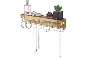 J JACKCUBE DESIGN Rustic Wood Wall Mounted Jewelry Organizer with 30 Gold Metal Hooks Display Shelf Storage for Necklaces, Bracelets, Earrings, Bows and more - MK626A