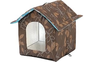 LUNNTE Maison pour chat pour l'extérieur - Résistante à l'hiver - Imperméable - Résistante aux intempéries - Avec rideau transparent amovible (marron, M)