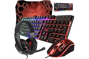 Orzly Kit de jeu Rx250 4 en 1 composé d’un clavier rétroéclairé RVB [disposition AZERTY] d’une souris [jusqu'à 3200 DPI] d’un casque de jeu et d’un tapis de souris grand format pour PC, Xbox, PS4