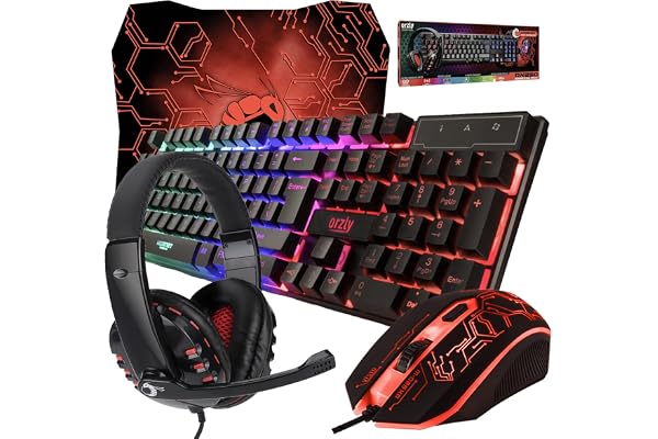 Orzly Kit de Jeu Rx250 4 en 1 composé d’Un Clavier rétroéclairé RVB [Disposition AZERTY] d’Une Souris [jusqu'à 3200 DPI] d’Un Casque de Jeu et d’Un Tapis de Souris Grand Format pour PC, Xbox, PS4