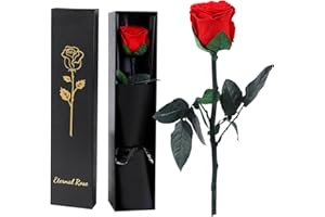 FRFG Rosa Eterna, Rosa Natural Preservada con Tallo Regalos para Mujer, Regalo de Cumpleaños de Aniversario Dia de la Madre Dia de San Valentín para Mamá Novia Mujeres (Rojo)