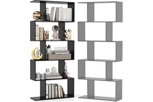 HOMASIS Libreria a Forma di S, Scaffale di Stoccaggio con 5 Livelli, Libreria Scaffale da Terra in Legno, Scaffale Divisorio Verticale per Soggiorno, Camera da Letto, Ufficio, 70x23,5x158cm (Nero)