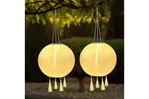 YIFMOO Solar Lampions, 2 Stück 25 CM Solarlaterne Außen Wetterfest, LED Wasserdicht Lampion mit 4 Quaste, Hängende Nylon Laterne für Gärten, Höfen, Balkonen, Hochzeit Dekoration (Warmweiß)