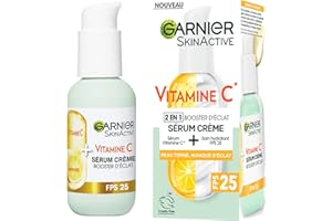 GARNIER Skin Active - Sérum Crème Booster D'Éclat 2-En-1 - Hydratation 72h & Éclat - FPS 25 - Vitamine C & Agrumes - Vegan & Cruelty Free - Peaux Ternes En Manque D'Éclat - 50 ml