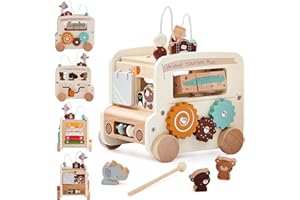 OESSUF Cubo Motore Baby Montessori 9 in 1 Autobus per 12 Mesi di Attività, Giocattolo in Legno per Bambini da 1 Anno, Regalo per Ragazze e Ragazzi
