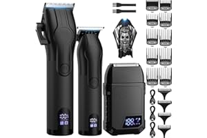 BESTBOMG Maquina de Cortar Pelo Hombre, Cortapelos Hombre, Máquina de Afeitar Eléctrica con Pantalla LED, Recortadora de Barba Cortadora de Pelo Clipper con Peine Guía, Capa de Barbero