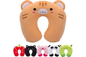 H HOMEWINS Kinder Reisekissen Ultraweich Nackenkissen Kopfstütze Süß Nackenhörnchen Waschbar Nackenstützkissen Reise Schlafkissen für Auto Flugzeug (Tiger)