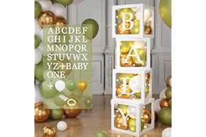 PATIMATE Baby Shower Decorations BABY Balloon Boxes with 4pcs String Lights, 45 Green Gold White Balloons and 33 Letters(ONE+BABY+A-Z), Baby Boxes for Boy Girl Baby Shower Christening Baptism Party Decorations