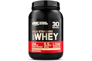 Optimum Nutrition Gold Standard 100% Whey, Koncentrat Białka Serwatkowego, Izolat i Hydrolizat Serwatki, Aminokwasy BCAA, Glutamina, Wzrost i Naprawa Mięśni, Smak Lody Waniliowe, 30 porcji, 900g
