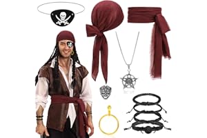 Beipegin 10 Piezas Disfraz Pirata Hombre Mujer,Pañuelo Pirata Parche Pirata Bandana Pirata Aretes Piratas Collar Accesorios Pirata Vintage Disfraz Medieval Para Halloween Carnaval