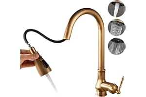 MOGFCT Robinet de cuisine vintage en laiton bronze antique à trou unique avec pulvérisateur rétractable (ruisseau, pulvérisateur, aquablade puissante) (pulvérisateur 3 fonctions)