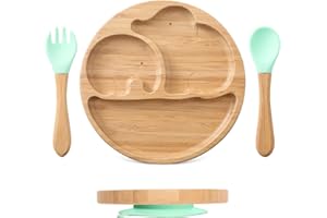 OESSUF Plato de Bambú para Bebés con Ventosa de Silicona, Juego de Vajilla Infantil para Aprender a Comer para El Destete Dirigido por El Bebe (Elefante, verde)
