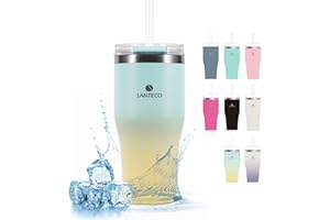 SANTECO Kaffeebecher to go 590ml, Thermobecher mit Strohhalm und Deckel, Isolierbecher aus Doppelwandiger Edelstahl Vakuum, Tragbare Autobecher Tumbler Cup für Heißer und Kalter Getränke