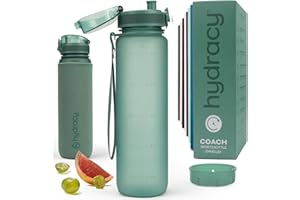 Hydracy Botella de Agua con Marcador de Tiempo - 1 L Botella de Agua Deportiva sin BPA - Botella de Gimnasio Antifugas con Funda Antitranspirante e Colador de Infusión