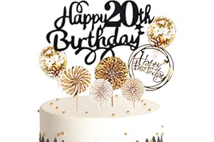 Cymeosh Tortendeko 20. Geburtstag Mädchen Jungen, Kuchen Topper Happy 20th Birthday Schwarz Gold, Glitzer Kuchen Deko Geburtstag Ballon Konfetti für Geburtstagstorte Deko 20 Jahre Kinder