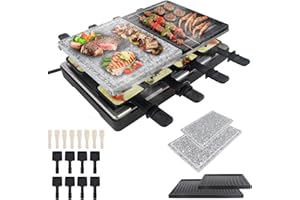 LZQ Griglia per raclette per 8 persone, griglia elettrica da tavolo, piastra antiaderente con 8 padelle e spatola per legno, 2 piastre in granito e piastra antiaderente da 1400 W