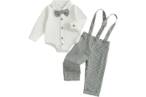 Himllauen Infant Baby Boy Autumn Gentleman Set Toddler Long Sleeve Lapel Neck Shirt Romper with Button-up Bow Tie Pants 2 Piece Newborn Boy Winter Outfits