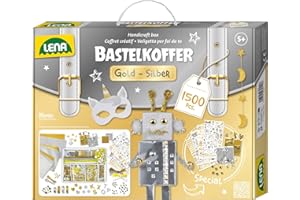 Lena 42666 - Premium Bastelkoffer Gold und Silber mit 1500 Teile, Bastelmaterial mit Glitzer-Moosgummi, Metallic-Papier, Perlen, Edelsteine, Blattgold, Pompon und mehr, für Kinder ab 5 Jahre, Mittel