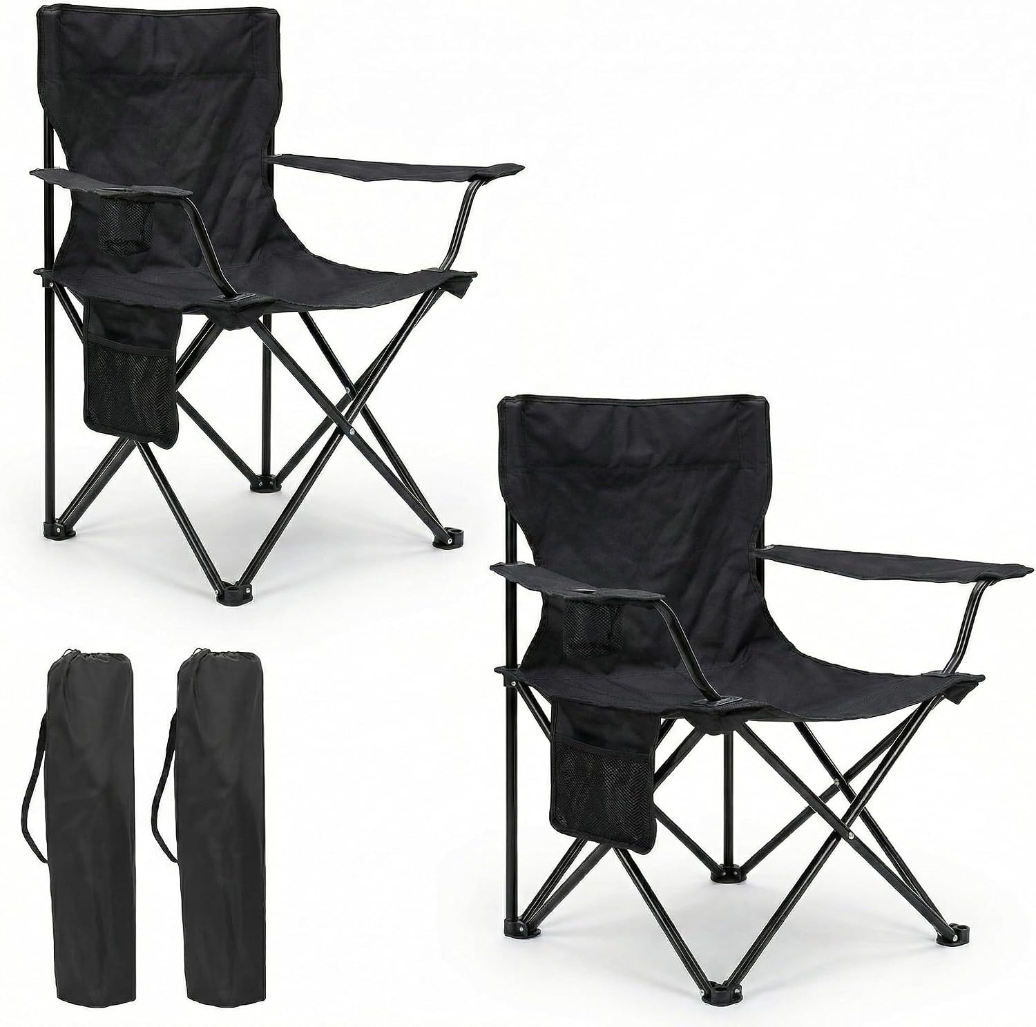 azorex Silla Plegable de Camping con Respaldo y Reposabrazos 48x49x80 cm, Portavasos y Bolsillo, Ultraligera Portátil para Playa, Pesca, Jardín y Excursiones – Incluye Bolsa (Negro, Pack de 2)