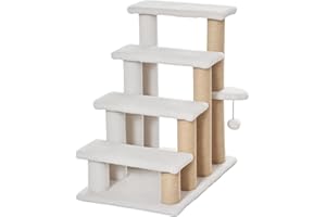 PawHut Katzentreppe 4 Stufen Tiertreppe Treppe für Katze mit Kratzsäulen Ball Haustiertreppe Hundetreppe aus Plüsch und Jute 60 x 40 x 64 cm Weiß