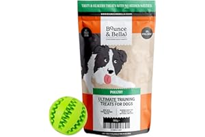 Bounce and Bella Treat Ball & Grain Free Poultry Dog Training Treats - 800 Tasty Treat Pack - Treat Dispenser Colour either Green or Red - Chosen at Random