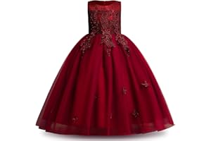 IBTOM CASTLE Robe de demoiselle d'honneur brodée sans manches en tulle pour fille - Robe de fête d'anniversaire - Robe de première communion - Robe longue de bal pour filles