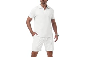 QIXING Men's Tracksuit 2-Piece Men's Summer Shorts and T-Shirt Set with Half Zip Polo Shirt Set Short Sleeve Two Piece Men's Summer Short