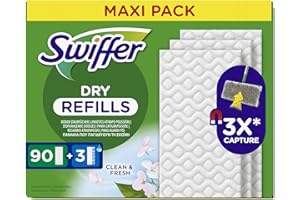 Swiffer Balai Attrape-Poussière,Recharges Mixtes (90 Lingettes Sèches+ 3 Lingettes Humides), Attrape Et Retient 3x Plus de Poussière qu'un Balai Classique, Pour Poils d'Animaux, Balai Vendu Séparément